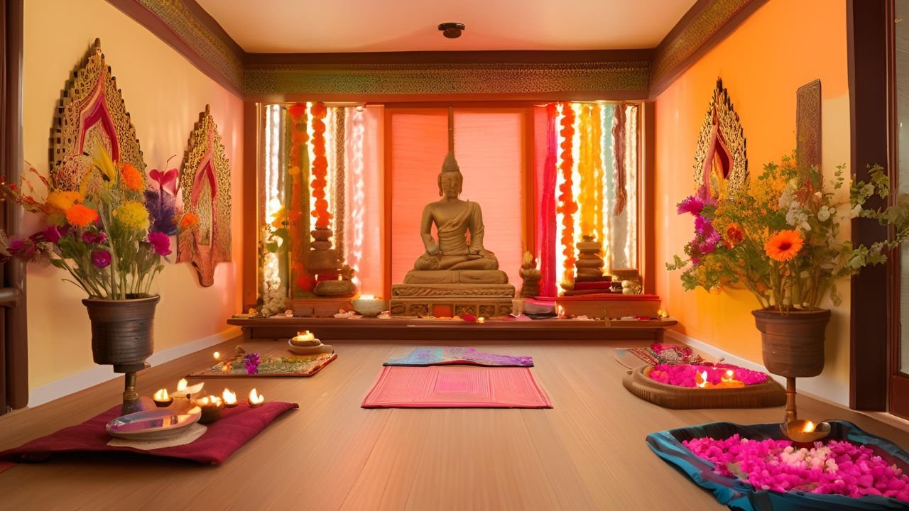 A well lit puja room or meditation area